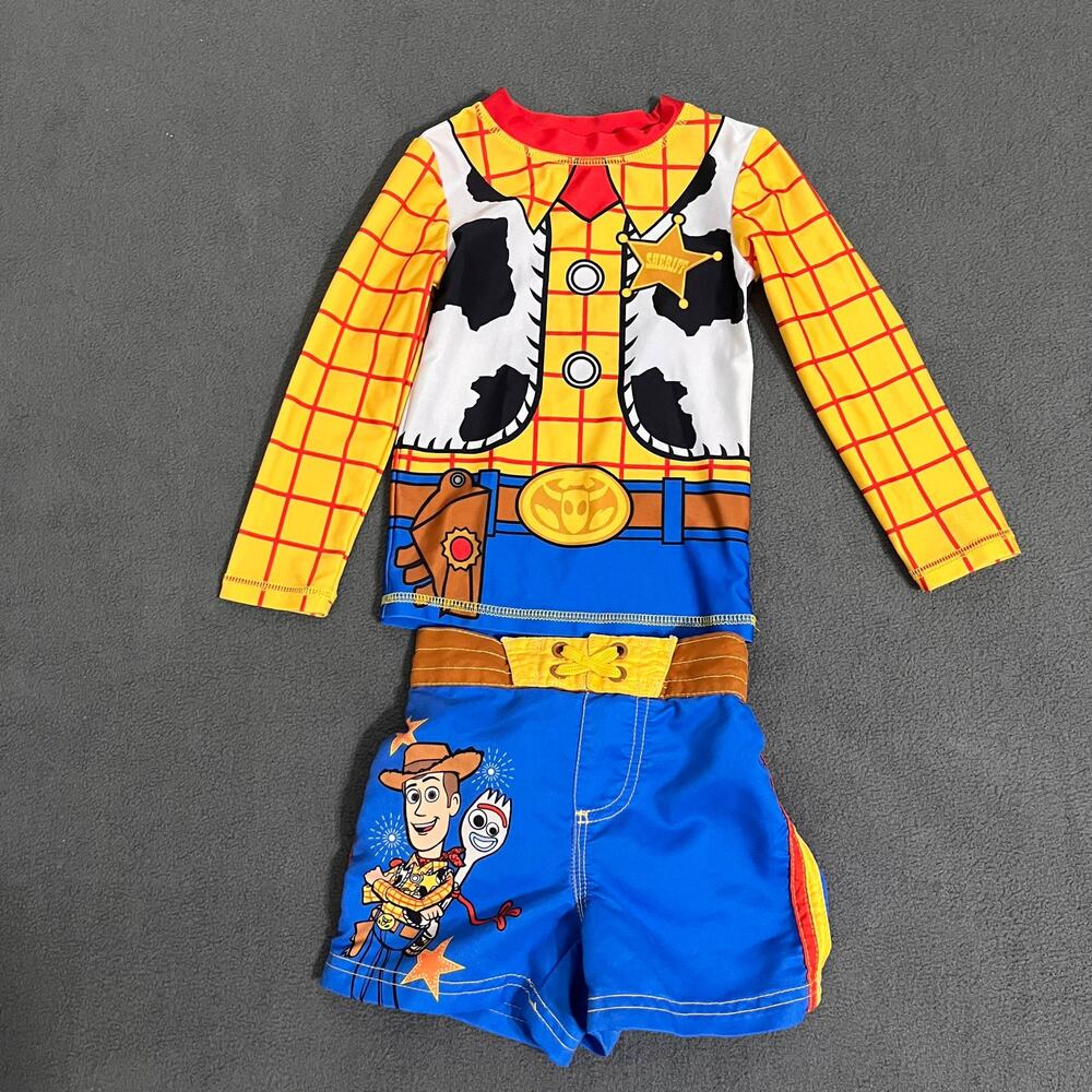 Disney Toy Story Woody Swimsuit Set Boys Size 2 Rash Guard Trunks Beach Pool